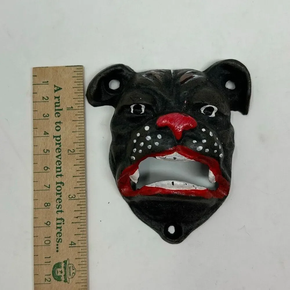 Vtg Bulldog Bottle Opener Cast Iron Wall Mount Bar Decor Pitbull Dog Mask 4